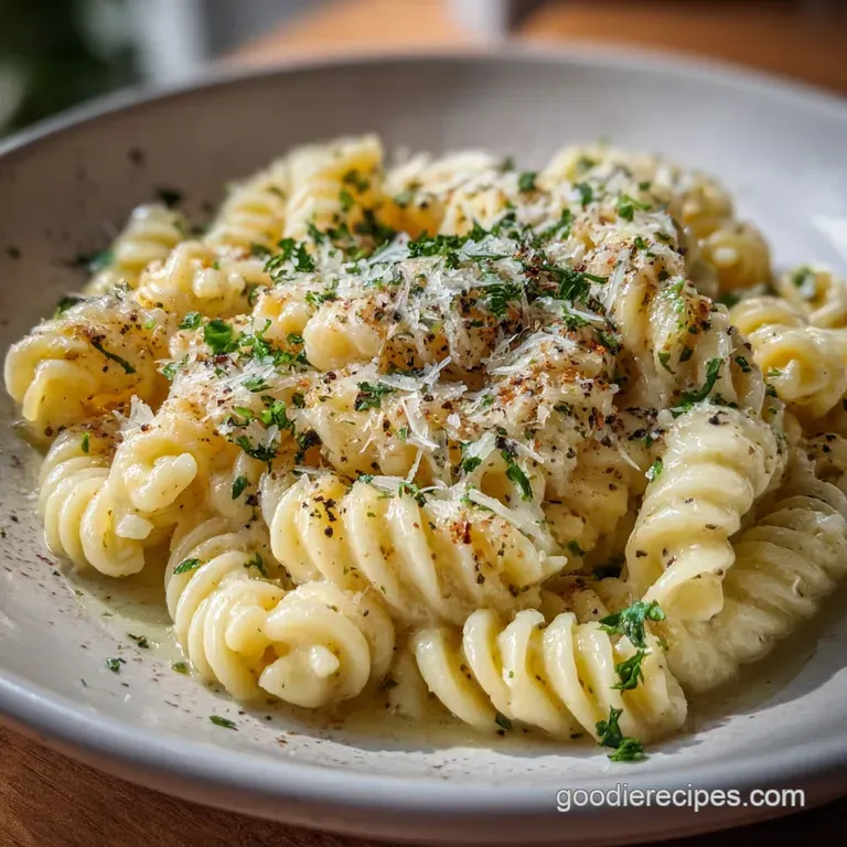 Pearly pasta twirled high on a white plate, glistening with garlic cream sauce and garnished with vibrant green parsley.