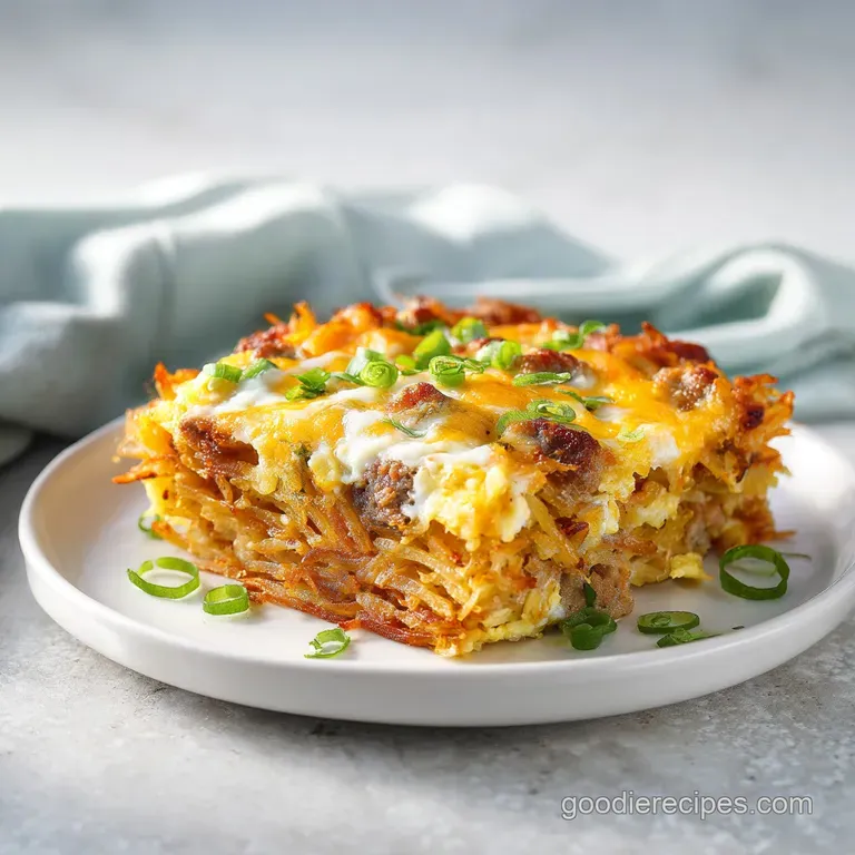 A rustic slice of baked casserole, showcasing layers of golden hash browns, savory sausage, and creamy cheese.