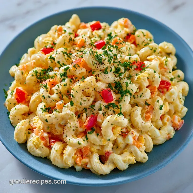 A neat scoop of chilled pasta salad garnished with a pinch of red paprika and fresh herbs on a white platter.
