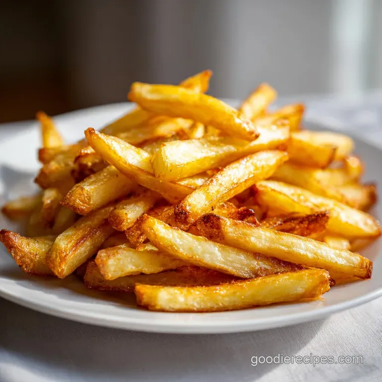 Perfectly golden fries served in a metal basket, steam rising, suggesting a freshly fried, crispy texture & hot temperature.