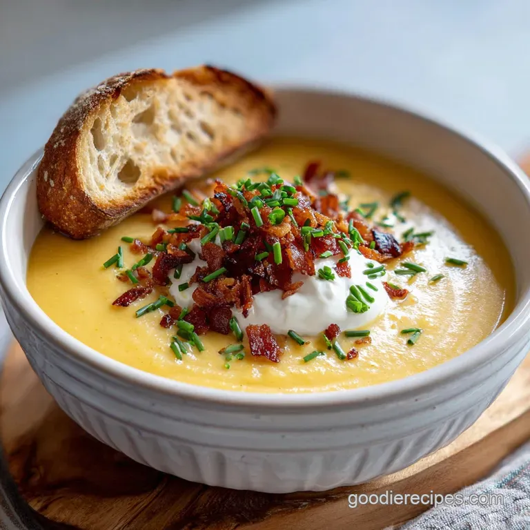 Elegant white bowl filled with steaming potato soup, garnished with fresh chives and crispy bacon crumbles against a dark ...