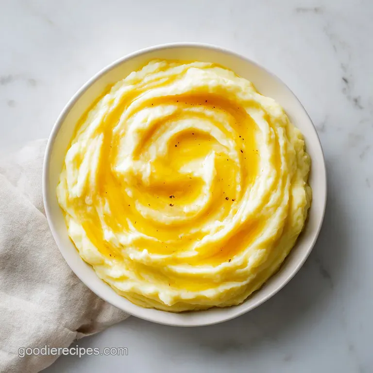 A neat scoop of fluffy white potatoes on a white plate, topped with a pool of melted butter and cracked black pepper.
