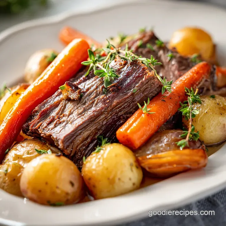 Elegant plate with juicy pot roast slice, roasted carrots, and creamy potatoes, garnished with fresh herbs and savory gravy.