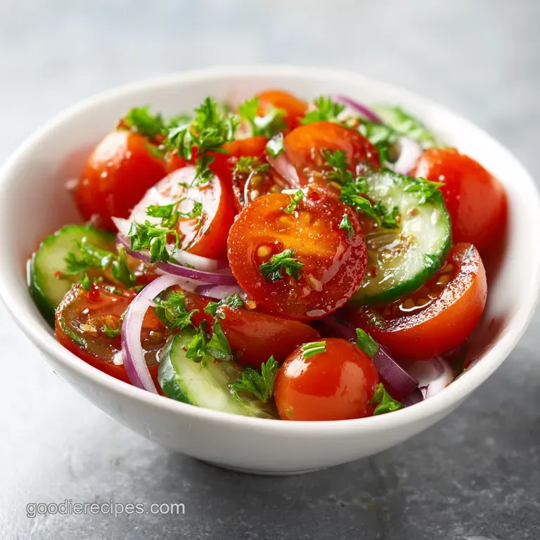Vibrant red tomatoes and cool green cucumbers artfully arranged in a white ceramic bowl with fresh herb sprigs.