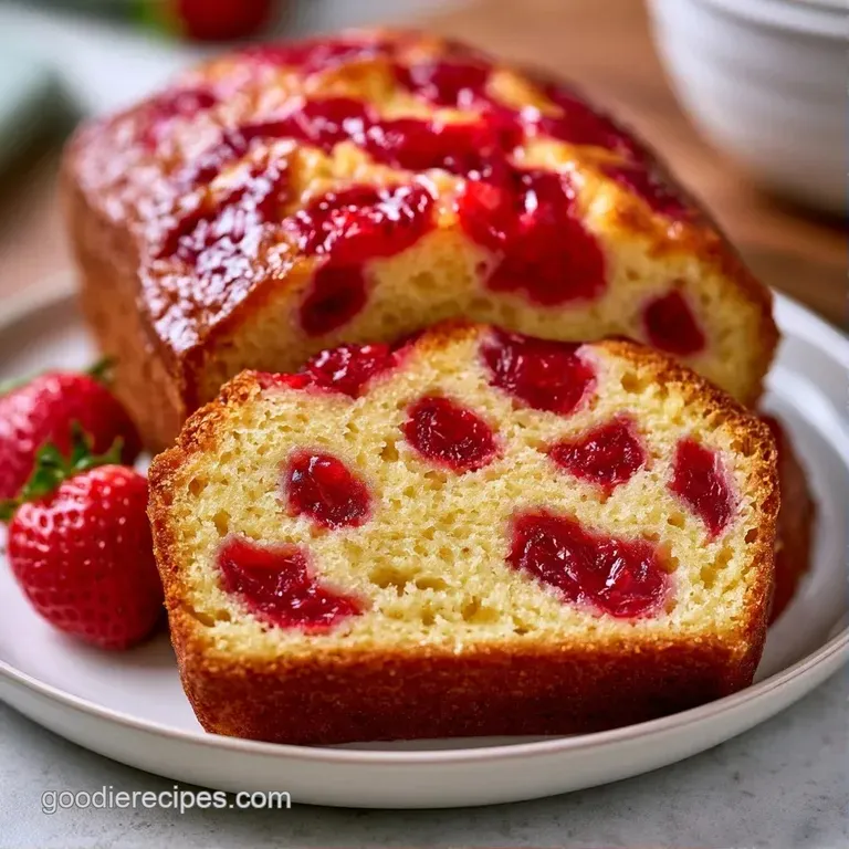 Symmetrical slice of sponge cake with bright red jello streaks and a cloud of pale yellow cream on a ceramic plate.