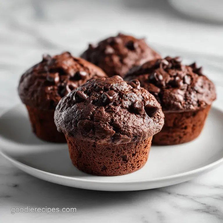 A trio of rich chocolate muffins, lightly dusted, arranged artfully on a rustic wooden board.