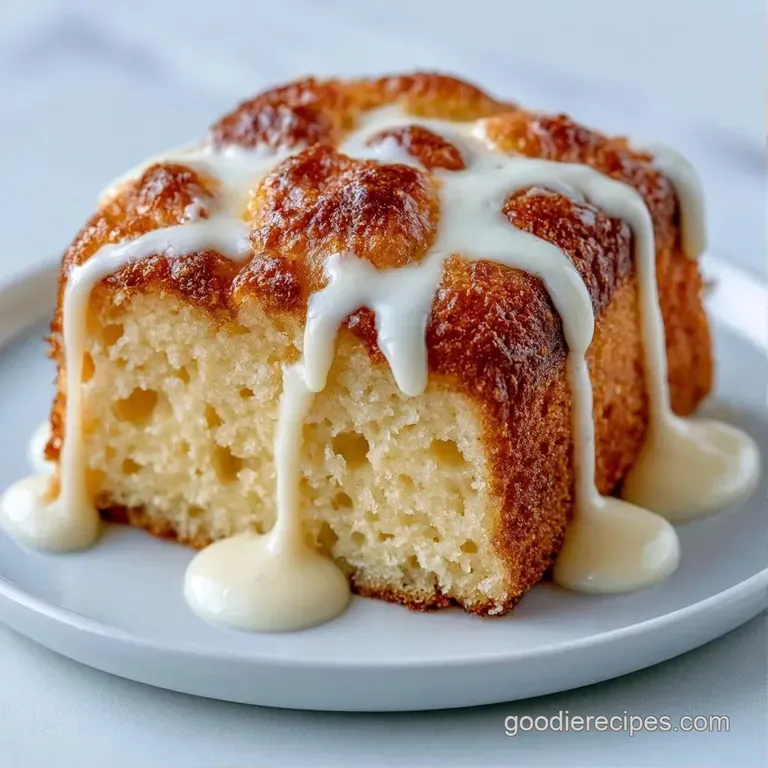 A square slice of sponge cake on a white plate, revealing gooey cream layers under a cloud of whipped topping.