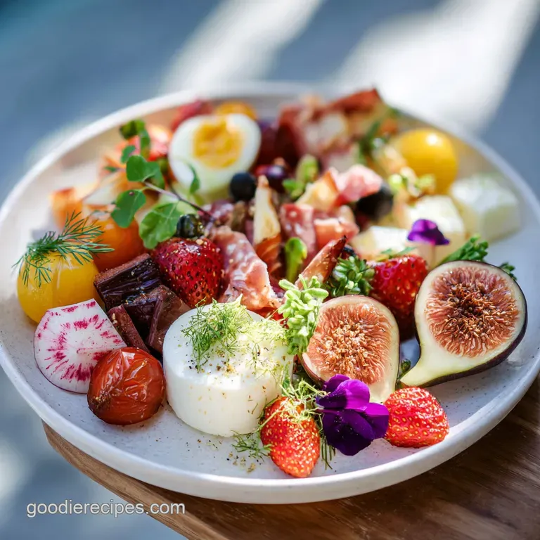 A close-up of pastel-colored candies, rolled deli meats, and vibrant strawberries displayed on a festive charcuterie board.