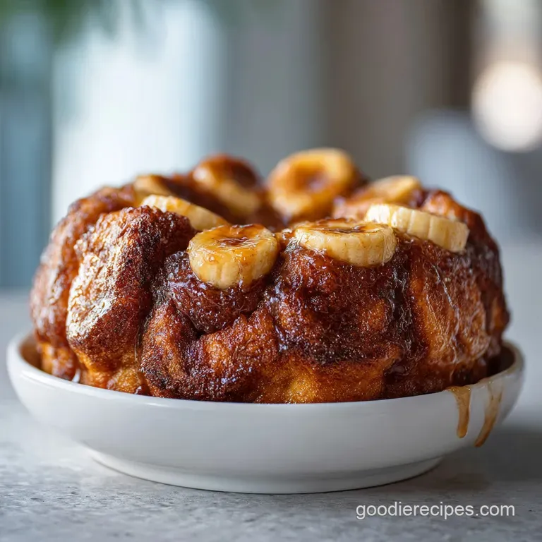 Warm, caramelized monkey bread on a white plate. Powdered sugar dusting adds a touch of sweetness. Delicious dessert ready...