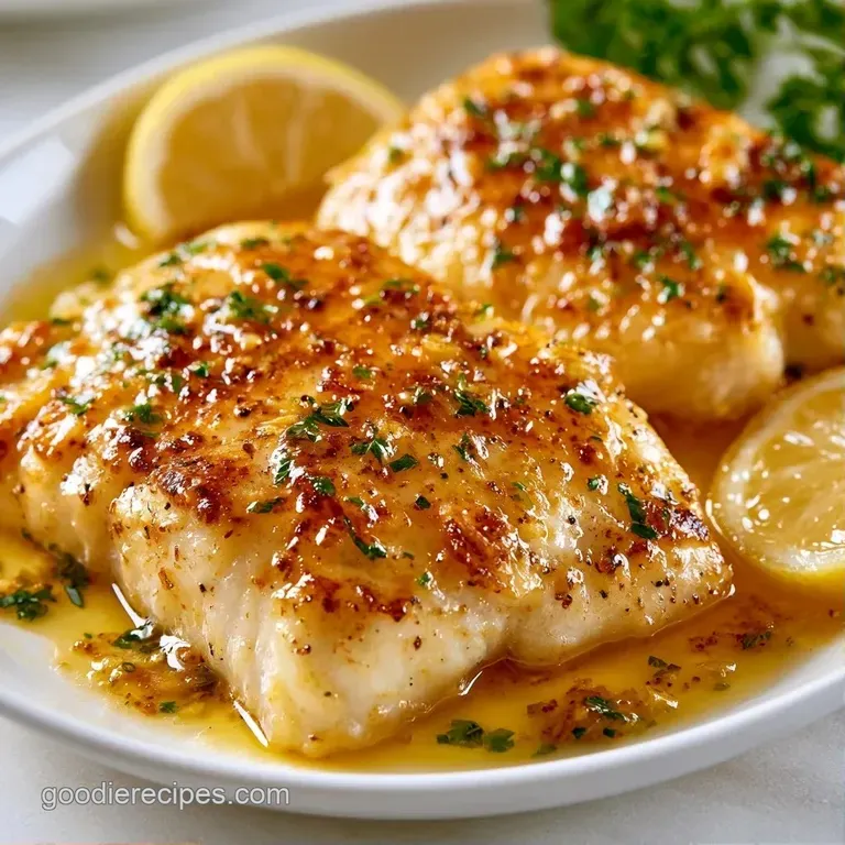 Flaky white fish fillet drizzled in shimmering butter, served beside steamed asparagus and a slice of bright lemon.