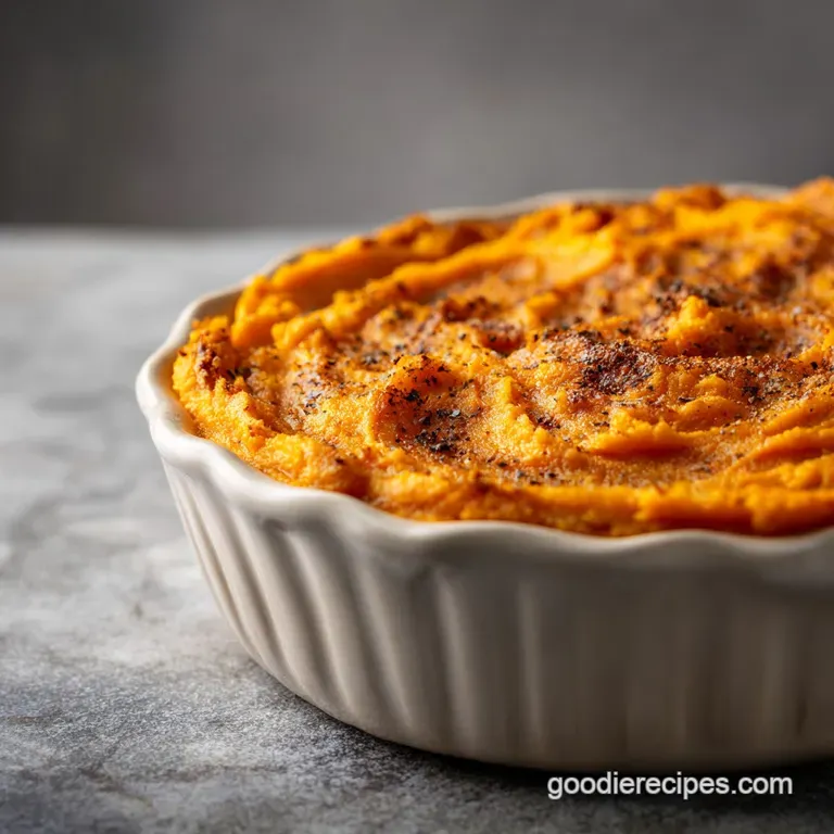 A golden-brown scoop of sweet potato casserole with a mound of crisp pecan topping, artfully placed on a white plate.