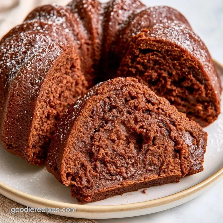 A single slice of dark cocoa cake on a white plate, topped with a dusting of powdered sugar and fresh raspberries.