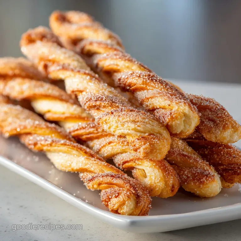 Tower of flaky cinnamon twists, glazed and sprinkled with sugar, displayed on a white plate with delicate floral patterns.