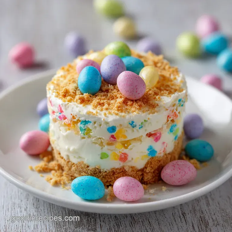A slice of layered dirt cake piled high, with bright green frosting grass and candy eggs, served on a white plate.