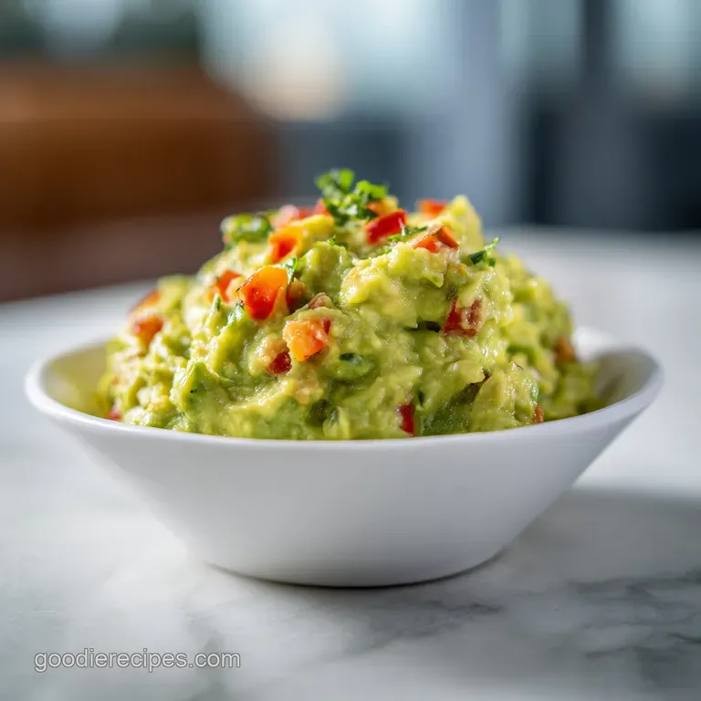 A swirl of creamy, bright green guacamole artfully scooped into a ceramic bowl, topped with a lime wedge and fresh herbs.
