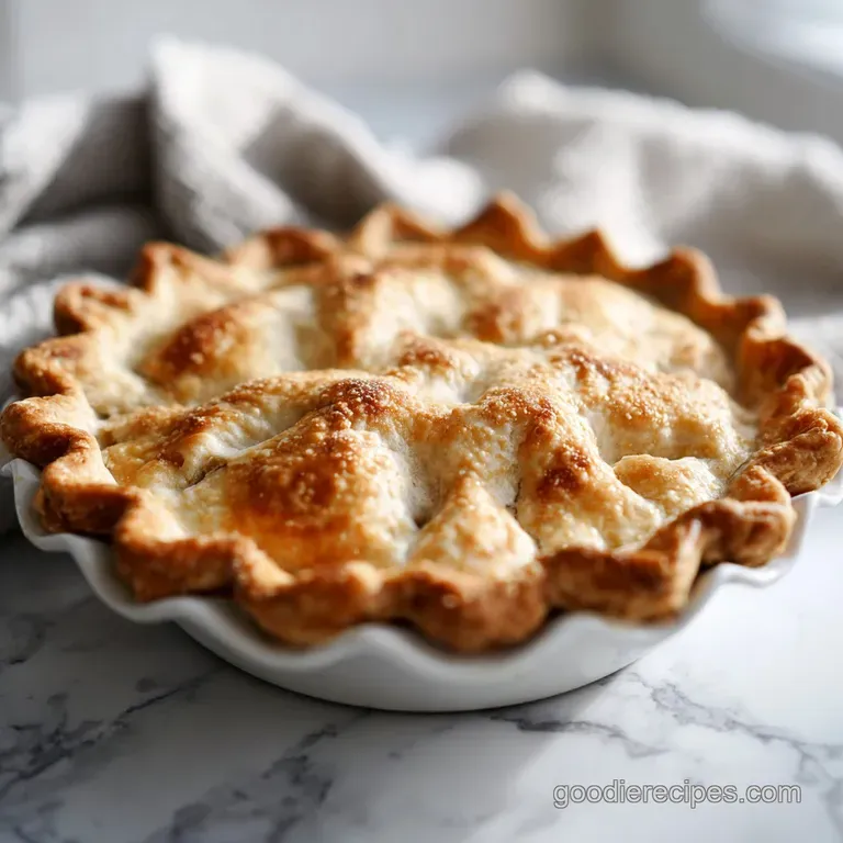 A beautifully crimped pie crust, lightly golden and perfectly baked, resting elegantly on a rustic wooden board.