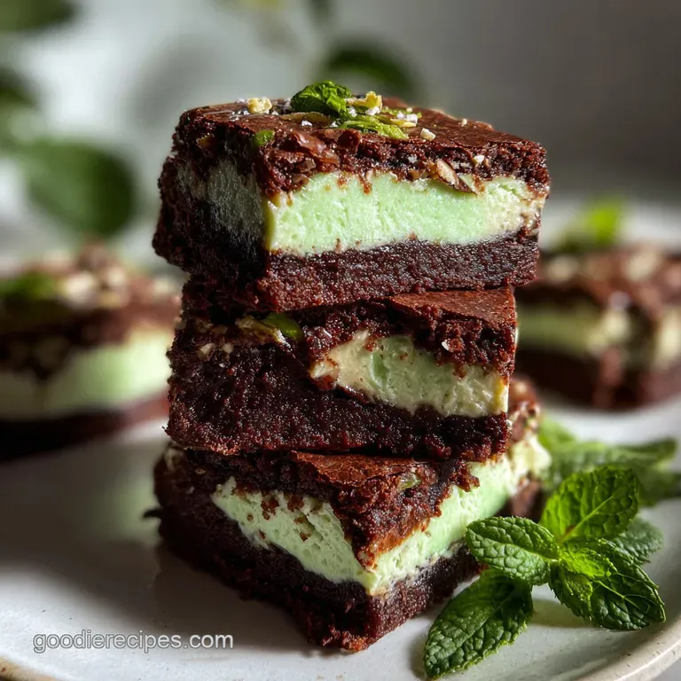 A glossy, dark green mint brownie sits atop white plate. A sprig of fresh mint garnishes its corner. A dusting of powdered...