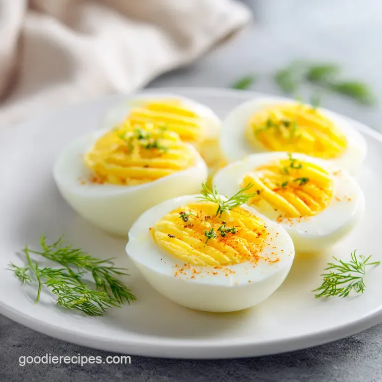 Two halved hard-boiled eggs on a blue plate. Shiny yolks glisten next to the smooth egg whites. Salt and pepper sprinkled ...