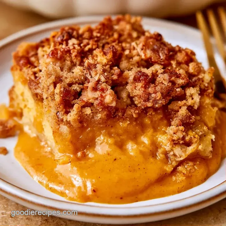 A square slice of warm orange cake topped with buttery crumbs, served on a white plate with a dollop of cream