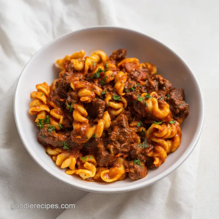 A shallow white bowl of cheesy beef pasta garnished with chopped cilantro and sliced green scallions.