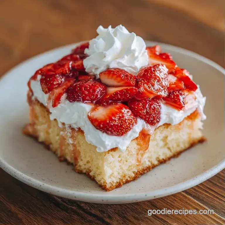 Slices of bright pink cake layered with cloud-like whipped cream and topped with glistening red berries on a plate.