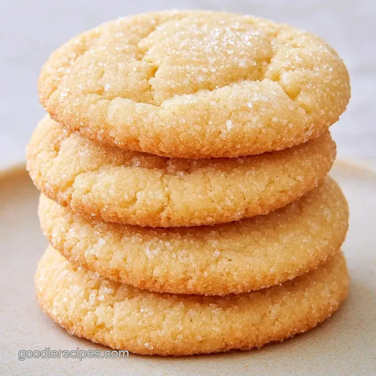 A neat stack of pale gold cookies on a white ceramic plate beside a steaming cup of tea and a linen napkin.