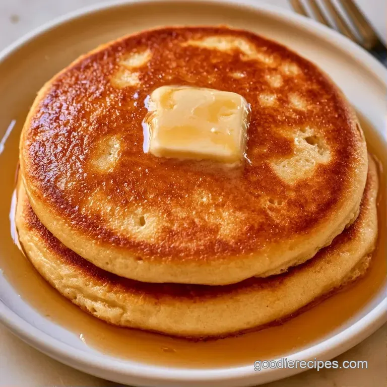 A neat stack of pale gold cakes on a ceramic plate, drizzled with amber syrup and topped with fresh blueberries.