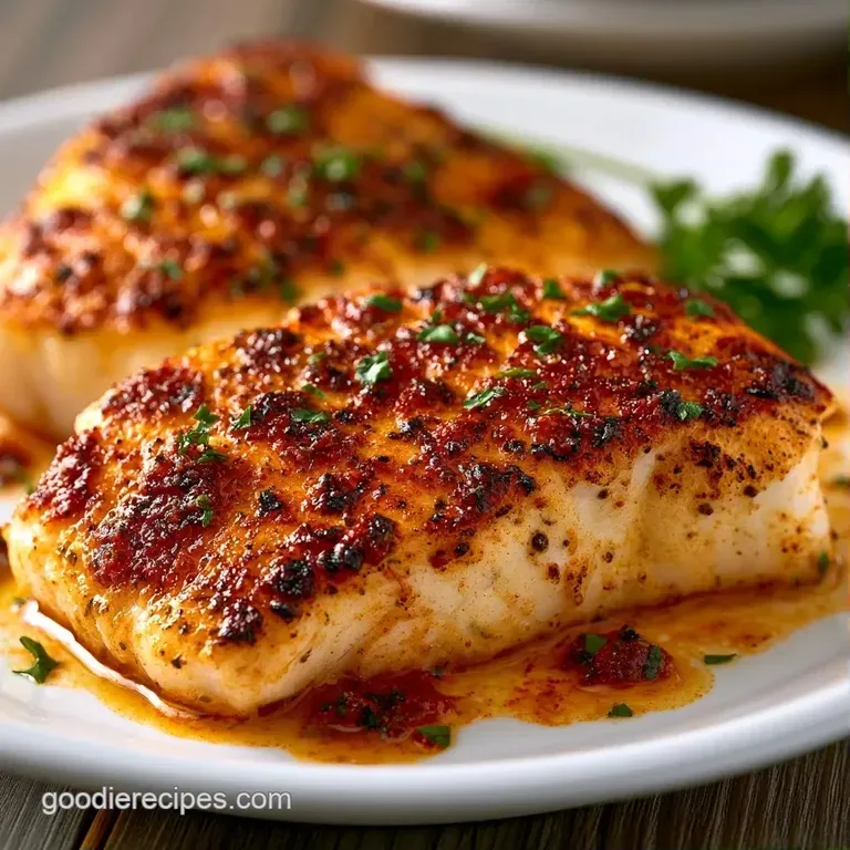 Charred white fish fillet elegantly plated with vibrant steamed asparagus and a drizzle of melted garlic butter.