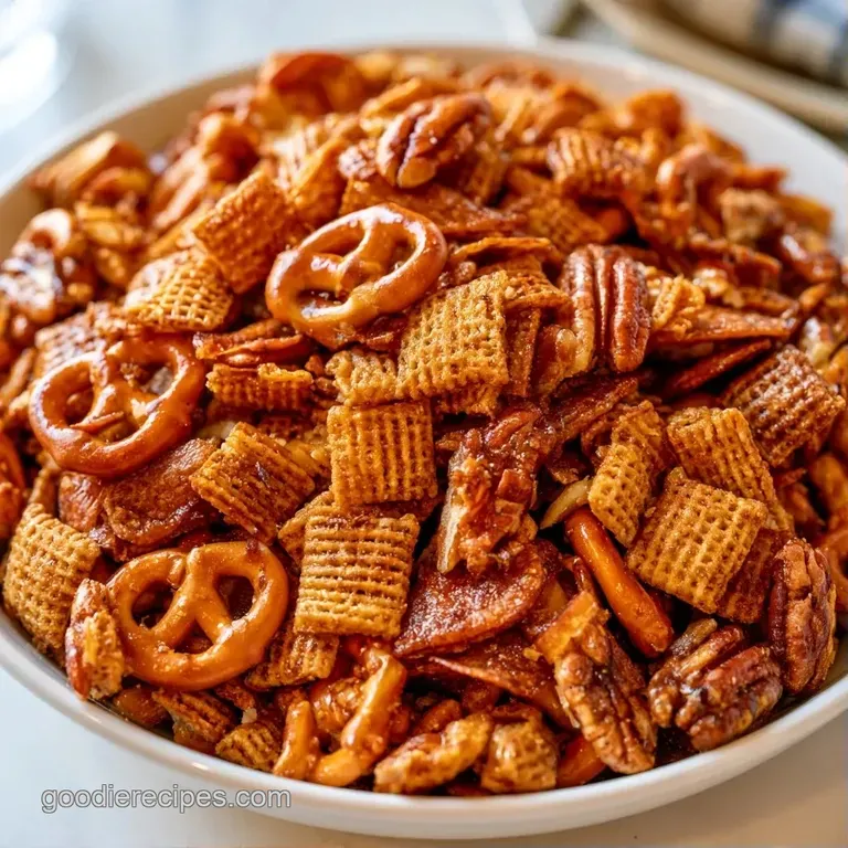 A rustic wooden platter piled high with golden-brown savory snacks, toasted nuts, and crunchy pretzel twists.