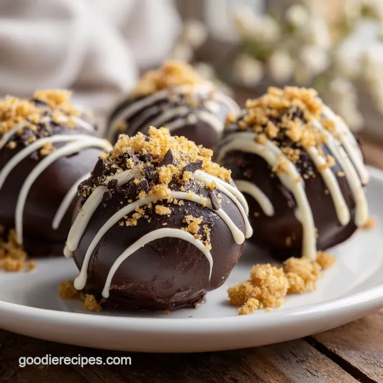 Spherical dark chocolate treats arranged on a marble slab, accented with a light dusting of powdered sugar.