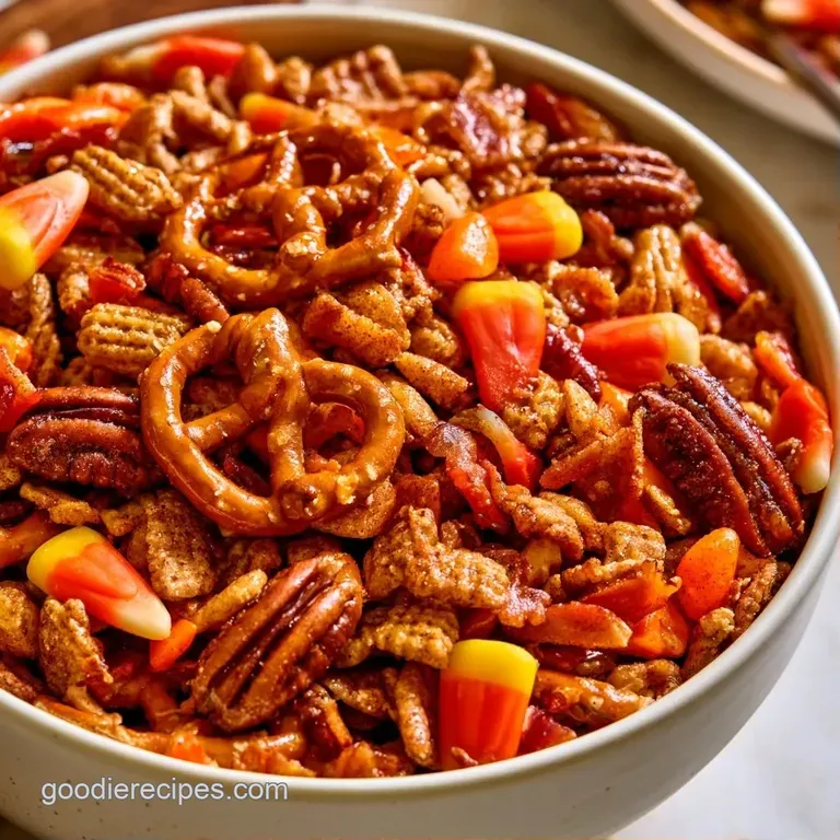 Glossy, cinnamon-dusted nuts and deep red dried berries artfully piled in a clear glass jar with a rustic ribbon.