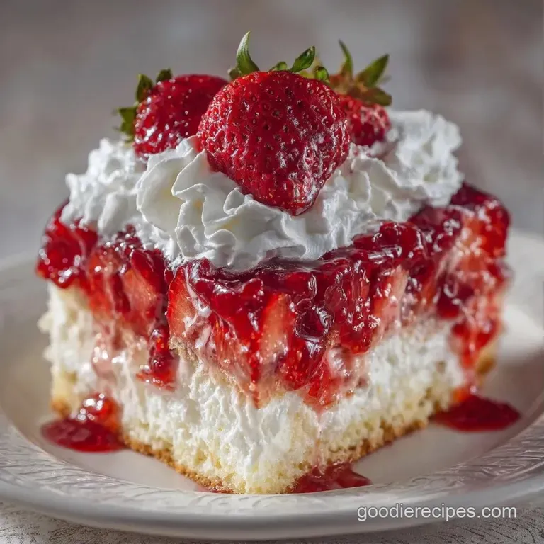 A neat slice of white cake featuring bright ruby red gelatin layers topped with a swirl of whipped cream
