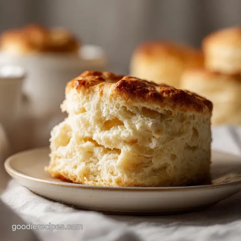 Stack of warm biscuits, split open, with melting butter glistening on the soft insides, hints of steam rising, inviting an...