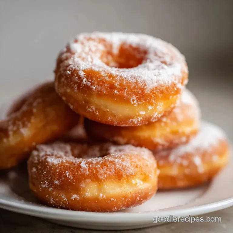 Stack of airy donuts drizzled with vanilla glaze, plated with a scattering of powdered sugar for an elegant touch.