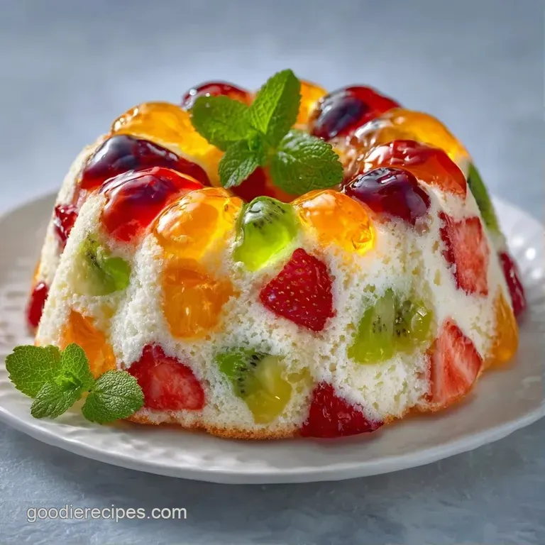 A single slice of airy sponge cake topped with peaks of white cream and colorful translucent gelatin droplets.
