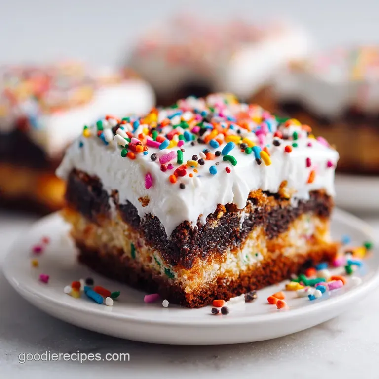 Individual brookie square presented on a white plate; swirls of chocolate, candy sprinkles and a moist, golden-brown base ...