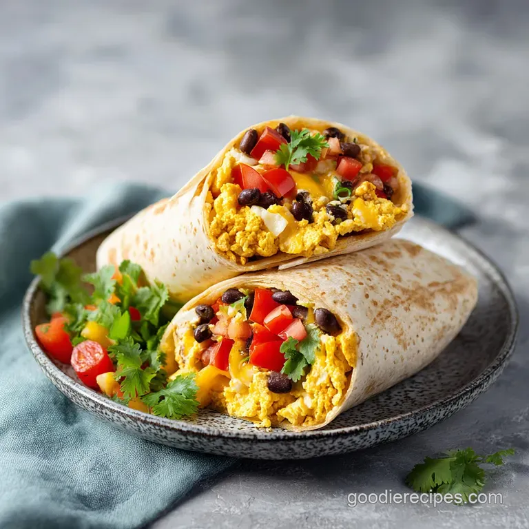 Breakfast burrito cut open, showcasing a colorful filling of fluffy eggs, sausage, cheese, and vibrant green peppers.