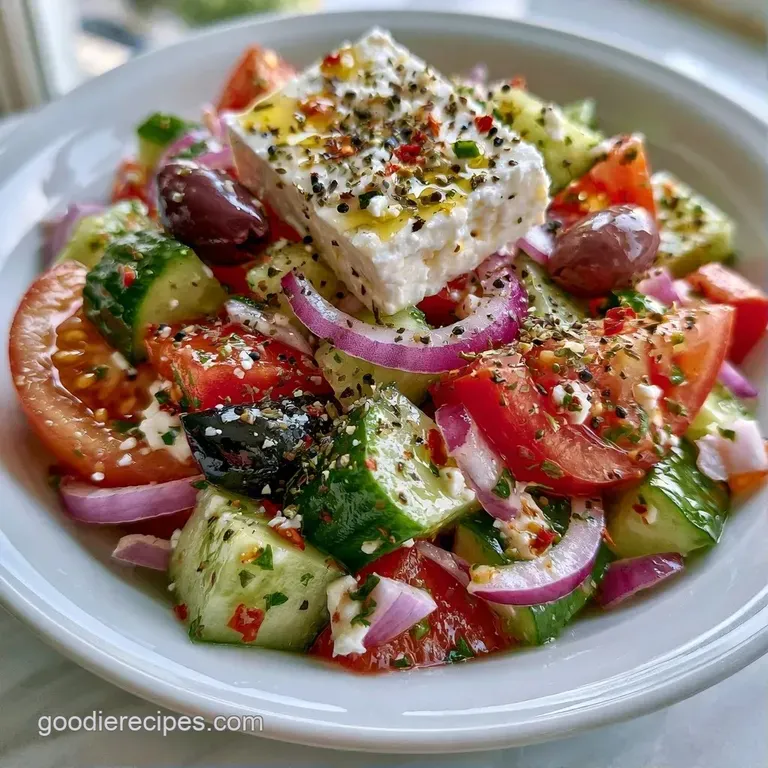 Freshly chopped vegetables and olives in a white ceramic bowl, drizzled with golden oil and a sprinkle of green herbs.