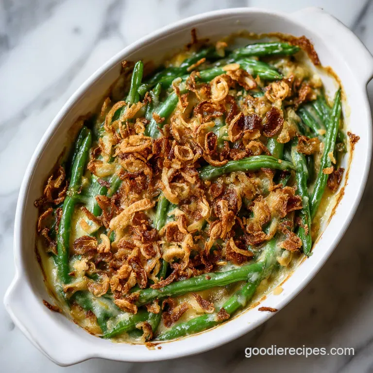 Elegant serving of green bean casserole. Steaming green beans & mushrooms glisten, crowned with golden, crunchy fried onions.