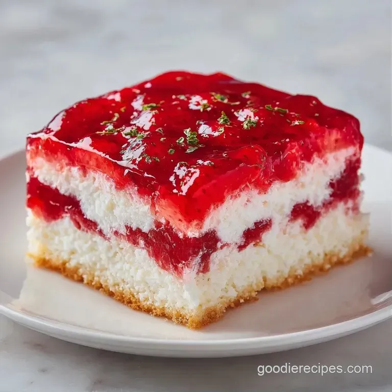 A neat slice of red and white layered dessert on a porcelain plate with a sprig of mint and a fresh berry.