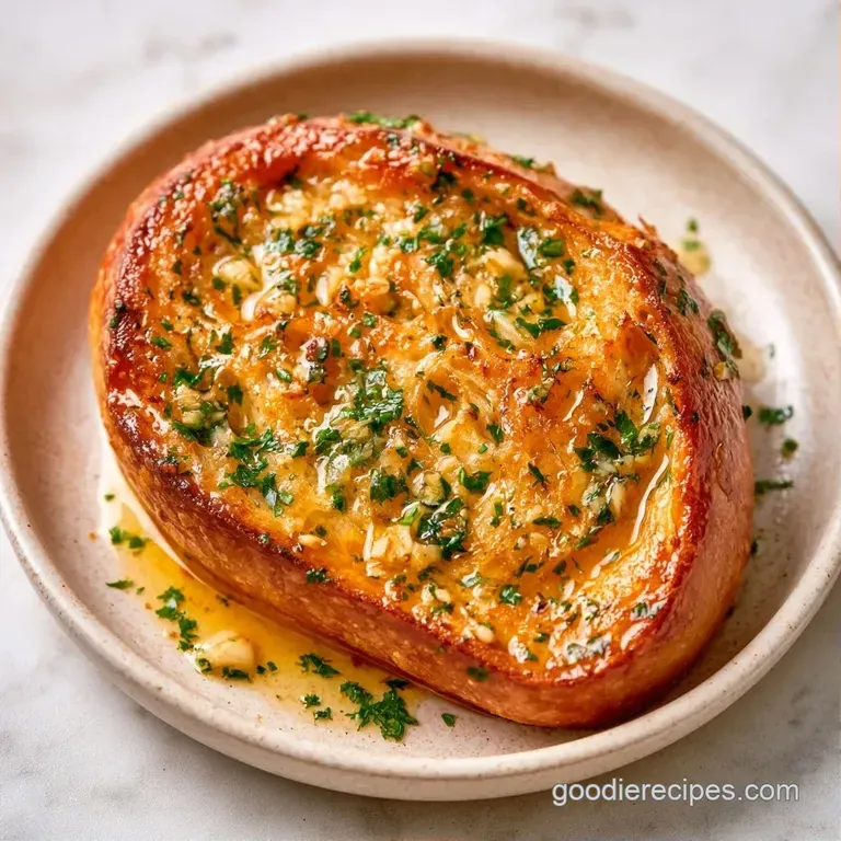 Toasted golden bread slices arranged in a circle on a white ceramic platter, garnished with minced garlic and herbs.