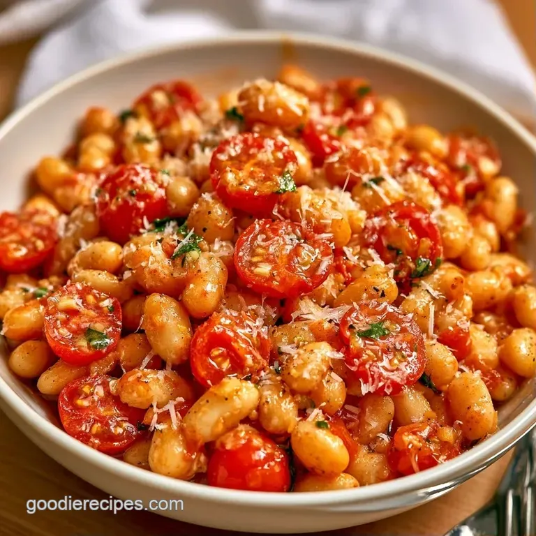 A shallow ceramic bowl of buttery white beans topped with melted cheese, served with toasted sourdough bread.