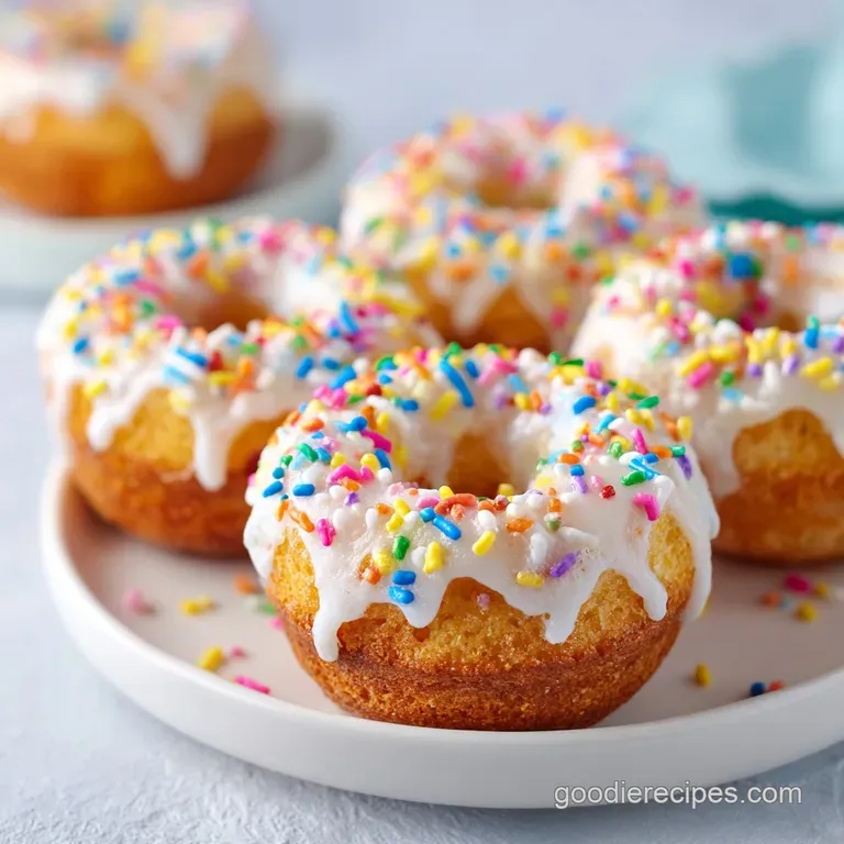 A glazed donut muffin sits atop a delicate white dessert plate; powdered sugar dusting, golden crust peeking through the s...