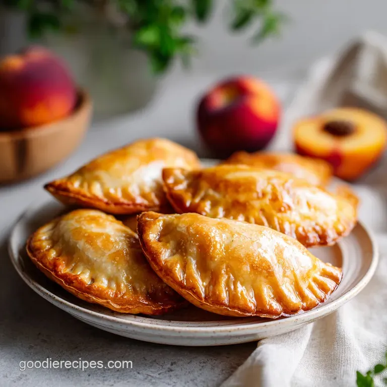Two rustic hand pies artfully arranged on a white plate, dusted with powdered sugar.