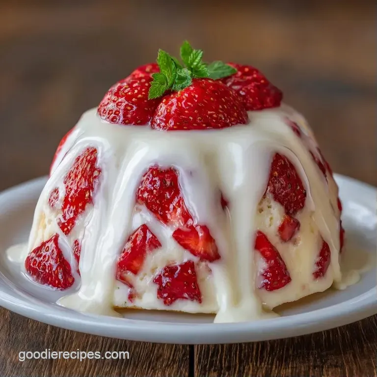 A slice of pink sponge cake on a white ceramic plate, topped with swirls of cream and a fresh strawberry garnish.