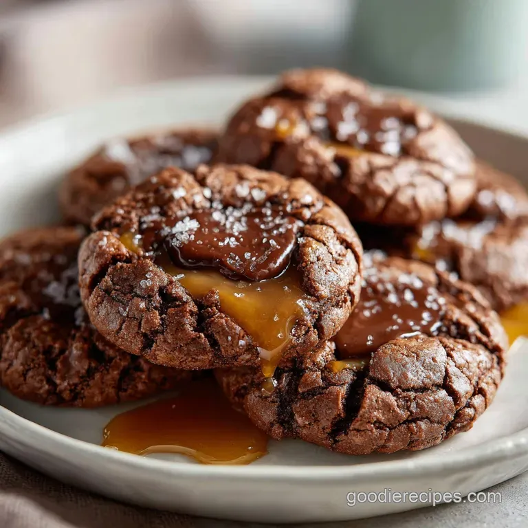 Three warm cookies stacked on a white plate, gooey caramel oozing down the side, dusted with powdered sugar.