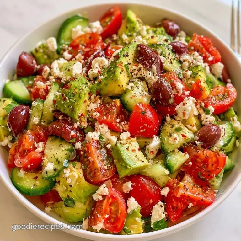 A colorful medley of creamy avocado, juicy tomatoes, and feta cheese served on a minimalist white ceramic plate.