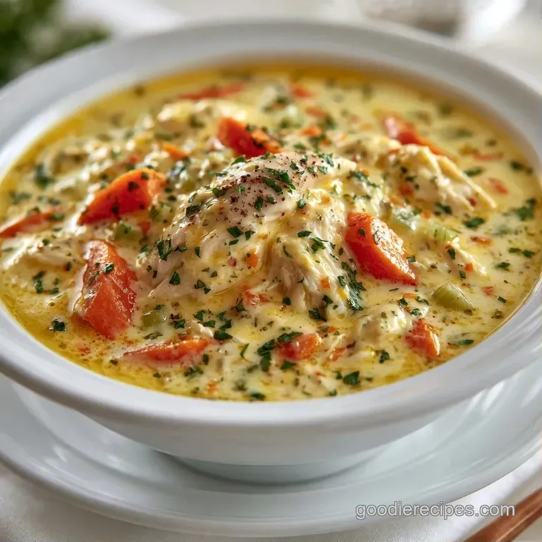 Elegant white ceramic bowl filled with creamy lemon soup, garnished with a fresh parsley sprig and lemon wedge.