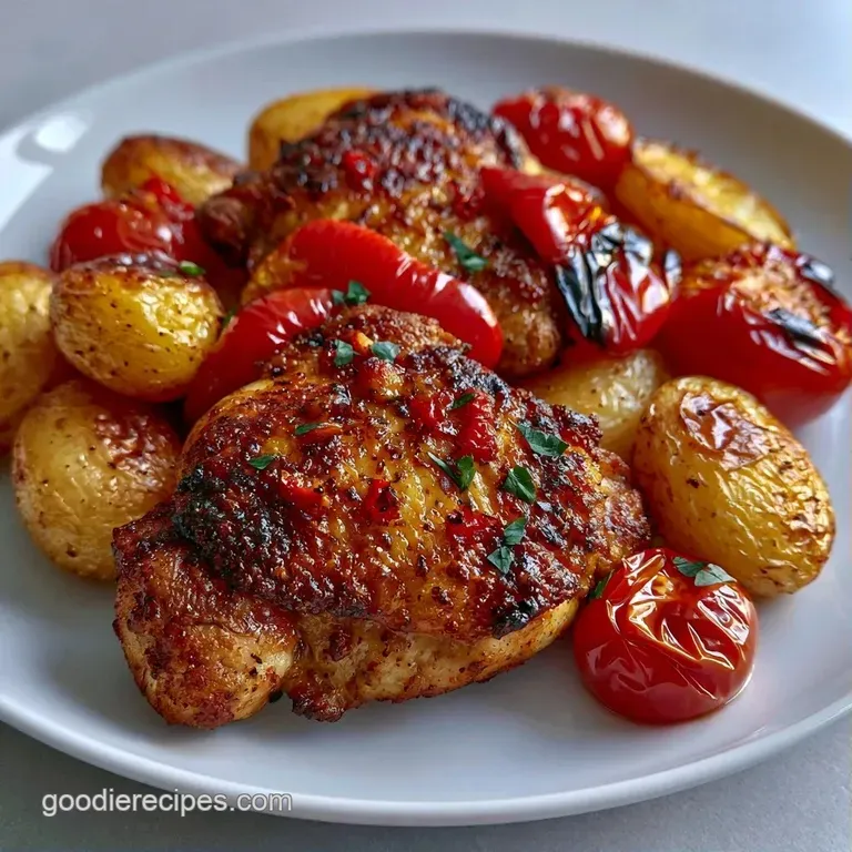 Elegant plating of charred chicken and roasted Mediterranean vegetables topped with fresh green herbs and feta.