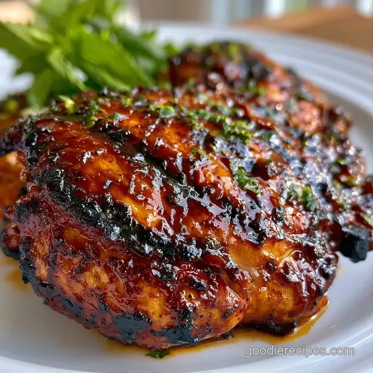 Sliced charred chicken breasts resting on saut&eacute;ed asparagus with a glossy drizzle of dark balsamic reduction.
